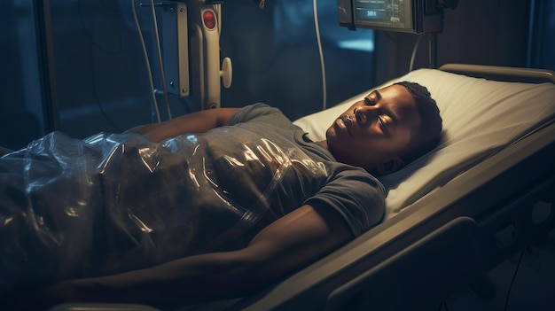 Een zieke patiënt een donkere Afro-Amerikaanse man een man ligt in zijn bed in een afdeling in een medisch hospice