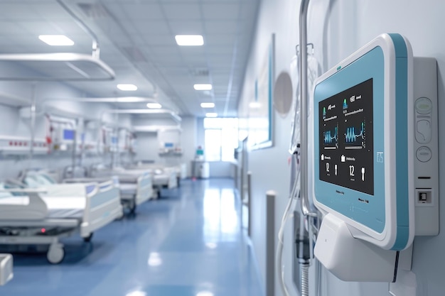 Een ziekenhuiskamer gevuld met talrijke bedden die medische zorg biedt aan patiënten Draadloos patiëntbewakingssysteem in een ziekenhuisafdeling AI gegenereerd