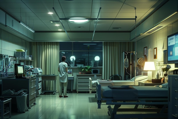Foto een ziekenhuiskamer met een bed en een raam met een persoon die in het midden staat