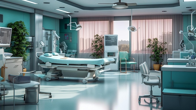 Een ziekenhuiskamer met een bed en een tafel met een lamp erop.