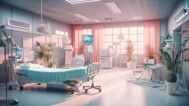 Een ziekenhuiskamer met een bed en een tafel met een tv erop.