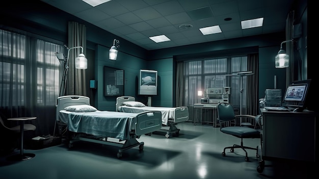 Een ziekenhuiskamer met een lamp die aan het plafond hangt