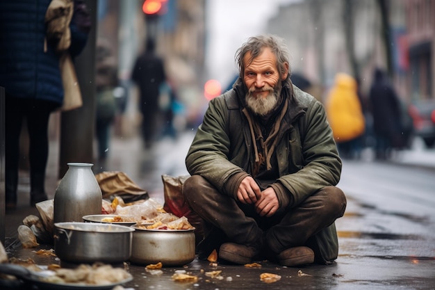 Foto een zielige dakloze die in de winter op straat zit.