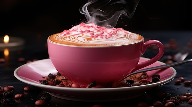 Een zijaanzicht van een roze cappuccino in een zwarte kop Ceated met Generative AI