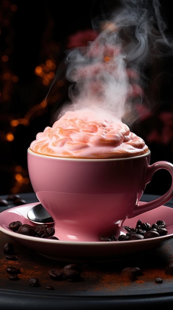 Een zijaanzicht van een roze cappuccino in een zwarte kop Ceated met Generative AI