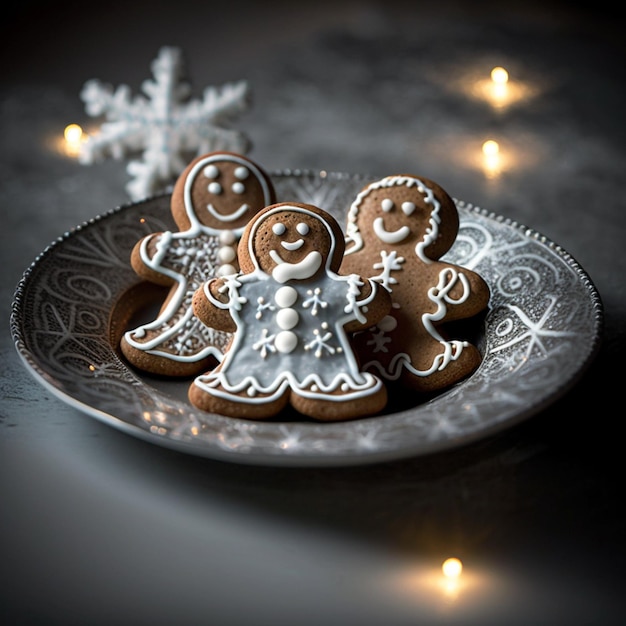 Een zilveren bord met daarop een bord peperkoekkoekjes en een sneeuwvlok