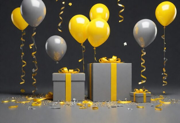 een zilveren en gouden geschenkdoos met een stel ballonnen en een gouden lint