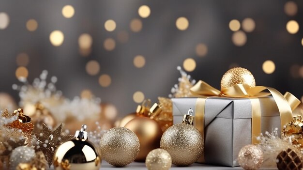 Een zilveren geschenkdoos met een zilveren doos en kerstballen erop.