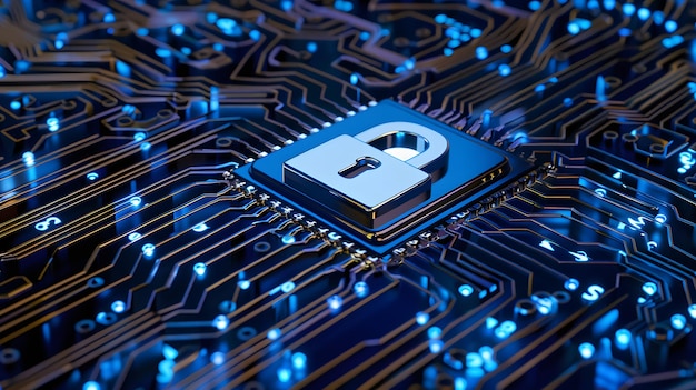Een zilveren hangslotsymbool op een blauwe printplaat staat voor cybersecurity