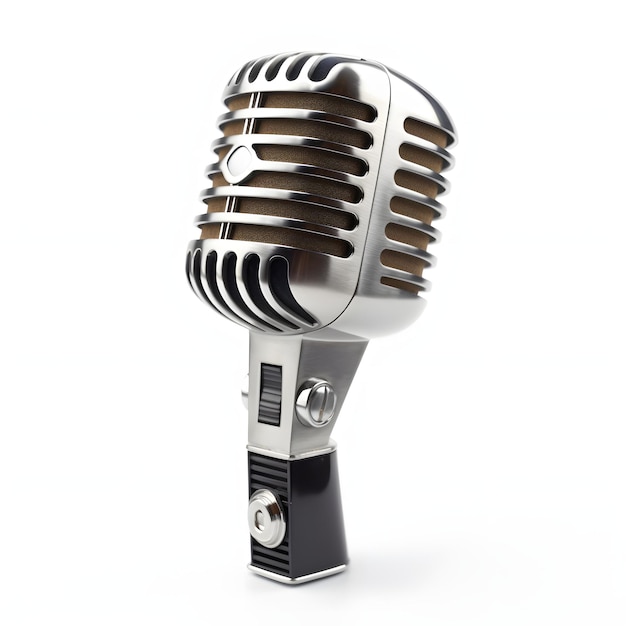 Een zilveren microfoon met het woord radio erop