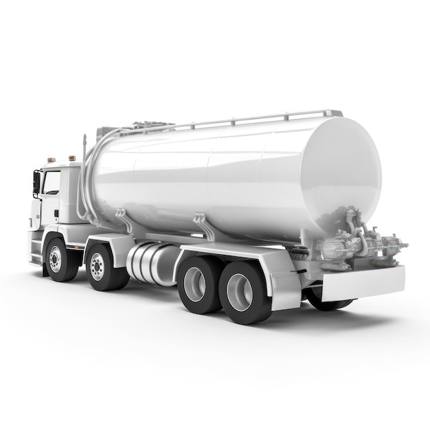 Een zilveren tankwagen met een witte achtergrond.