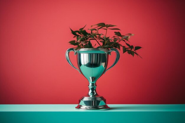 een zilveren trofee met een plant erin op een rode achtergrond