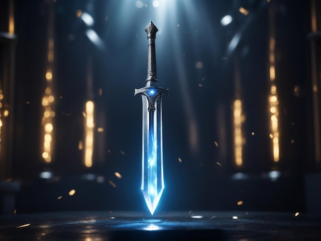 Een zilveren zwaard met een blauw licht