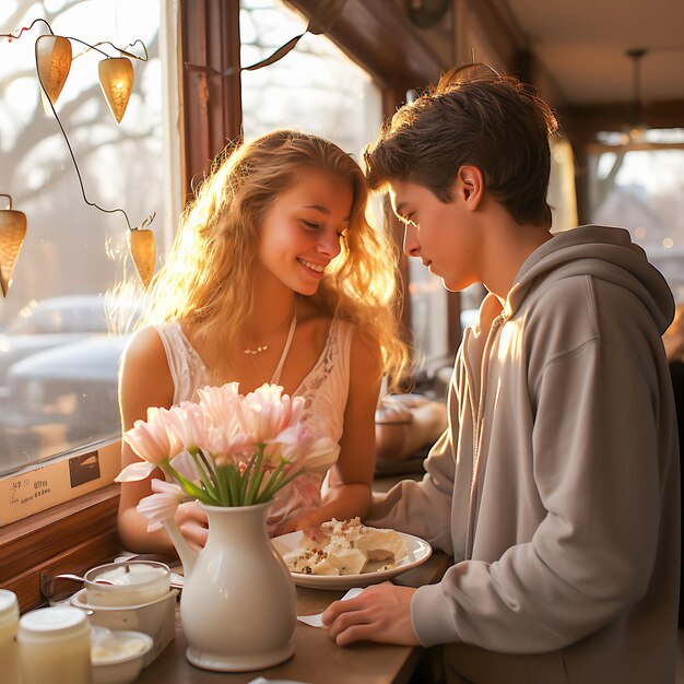 Een zoete verrassing romantische Valentine's Day viering van een stel met oprechte geschenken uitwisseling