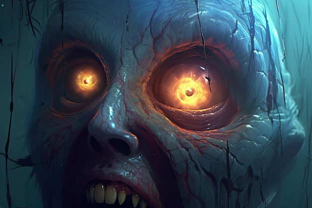 Een zombie met een gloeiend oog en een gloeiend oranje oog
