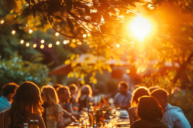 Een zomerfeestje in de tuin bij zonsondergang met silhouetten tegen de kleurrijke lucht