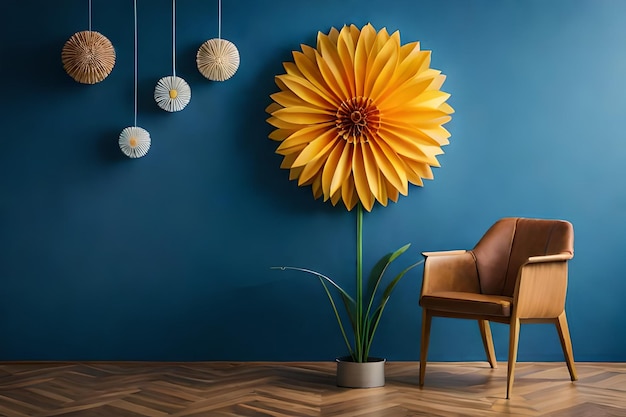 een zonnebloem hangt aan een muur met een gele bloem aan het plafond.