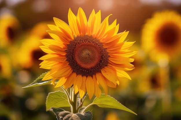 Een zonnebloem in een veld met de zon erachter