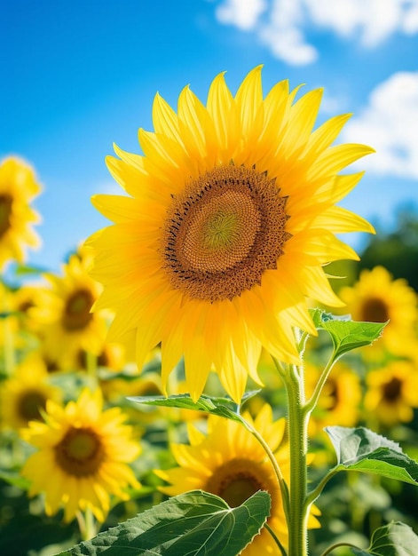 Een zonnebloem met een blauwe hemel en wolken op de achtergrond