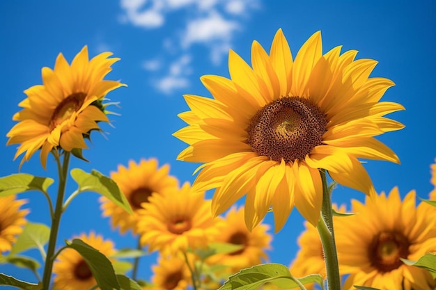 een zonnebloem met een blauwe hemel op de achtergrond