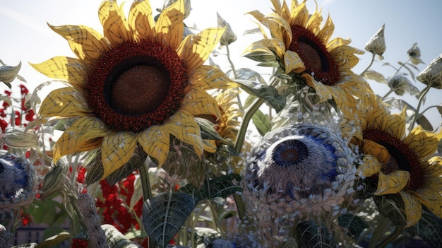 Een zonnebloem met een hond in het midden