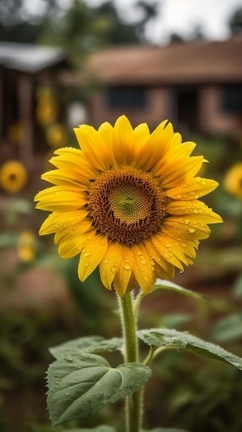 Een zonnebloem met regendruppels generatieve ai