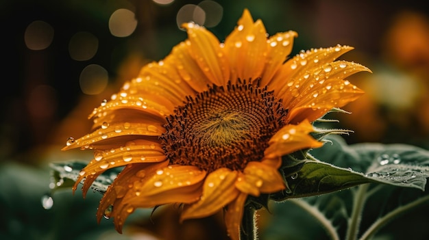 Een zonnebloem met waterdruppels erop