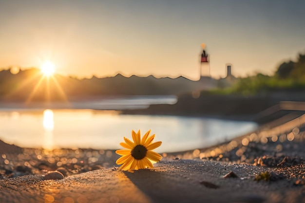 Een zonnebloem zit op een strand met de vuurtoren op de achtergrond.