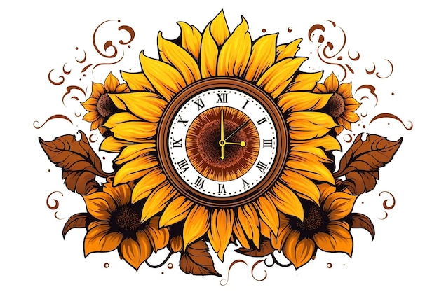 Een zonnebloemklok met bloemblaadjes die de uren tellen met een witte achtergrond