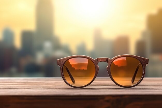 Een zonnebril op houten bord op onscherp strand met bokeh achtergrond