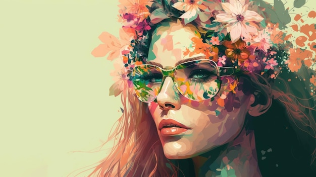 Een zonnebril vrouw met bloemen hoofdtooi lente kleur seizoen illustratie