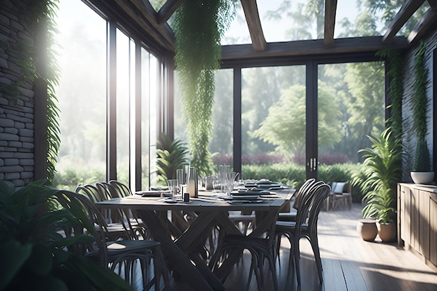 Een zonnelichte eetzaal met grote ramen met uitzicht op een weelderige tuin. Natuurlijke materialen zoals hout.
