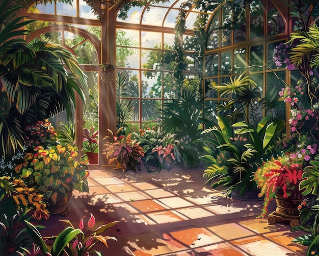 Een zonnelichte serre vol exotische tropische planten creëert een levendige