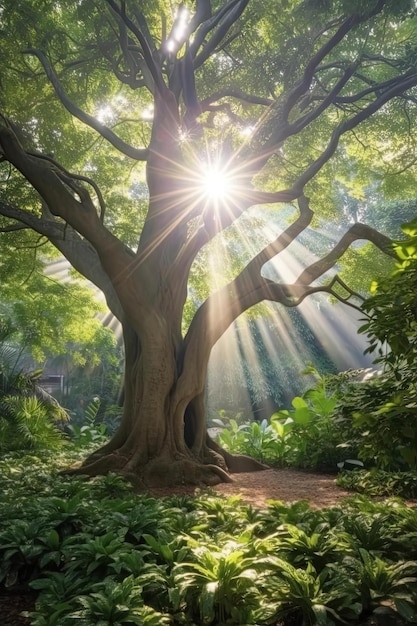 een zonnestral schijnt door een grote groene boom in een betoverde tuin