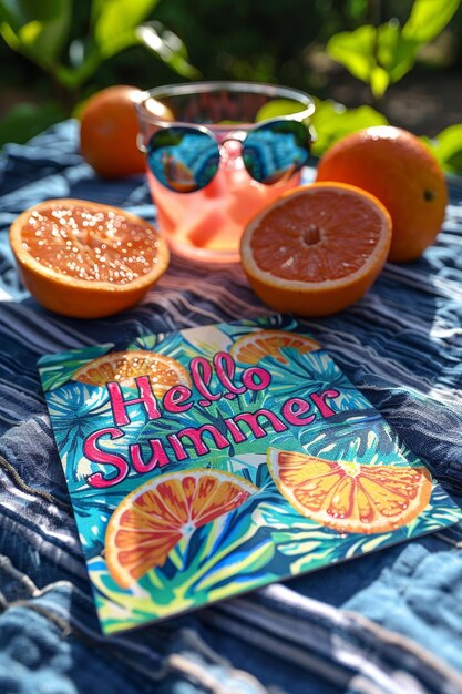 Foto een zonnig strand met een sinaasappel en faciliteiten voor zomervakantie postkaart de inscriptie op de postkaart zegt hallo zomer
