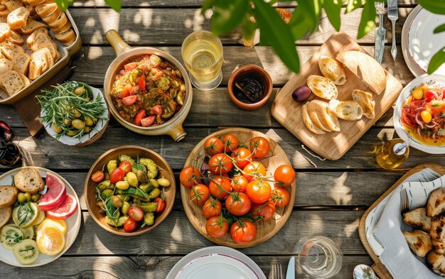 Een zonnige buitenruimte met mediterrane gerechten, waaronder levendige tomatensalade, vers brood en een verscheidenheid aan kleine borden