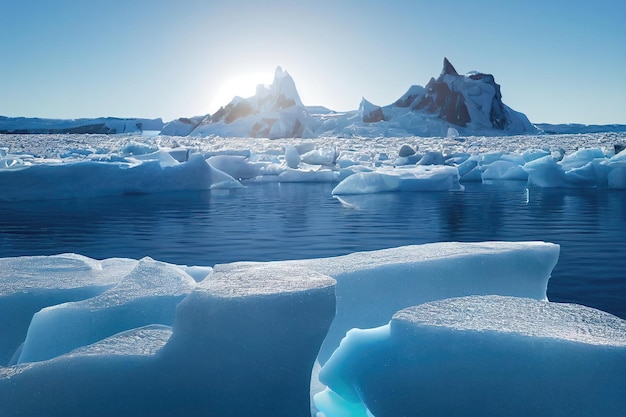 Een zonnige dag in het koude Antarctica. Antarctische ijsbergen. Weerspiegeling van ijsbergen in helder diep water.