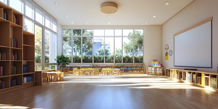 Een zonnige klas met boekenplanken en tafels