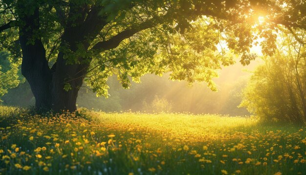 een zonnige lentedag met bloemen en bomen