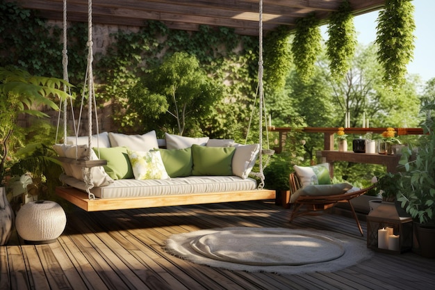 Foto een zonnige tuin met een ruim terras, een gezellige banktafel en een schommel, perfect voor een ontspannen vakantie