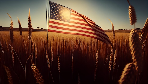 Een zonovergoten tarweveld met een Amerikaanse vlag in het luchtonafhankelijkheidsdagconcept