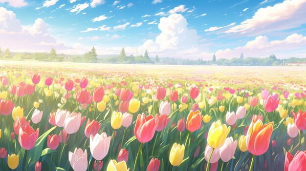 een zonovergoten veld met kleurrijke tulpen