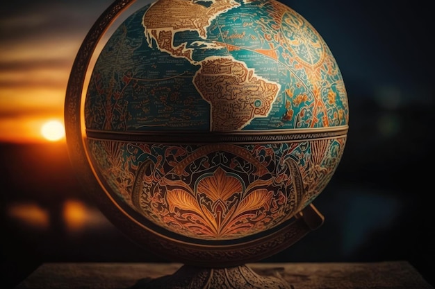 Een zonovergoten wereldbol met een zonsopgang die het oostelijk halfrond verlicht