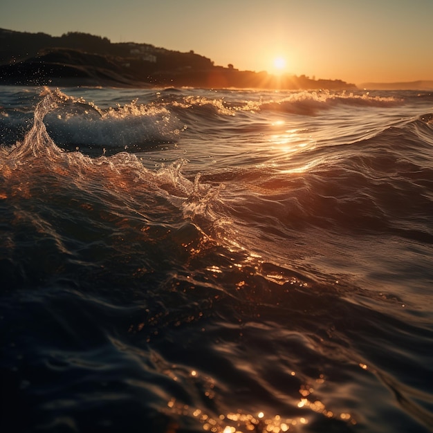 Een zonsondergang boven de oceaan met daarachter de ondergaande zon