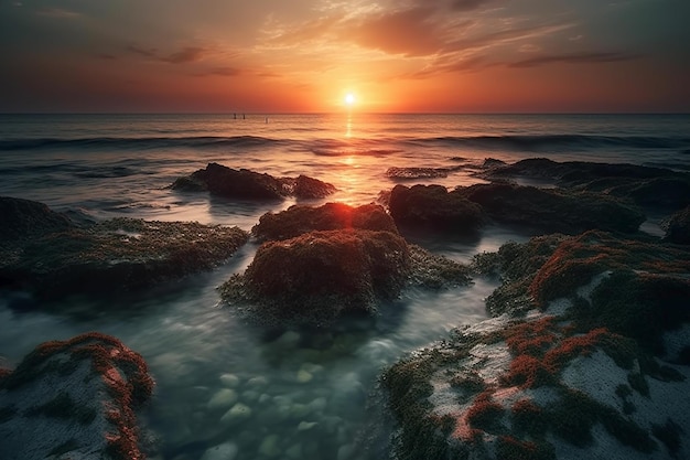 Een zonsondergang boven de oceaan met de ondergaande zon boven het water