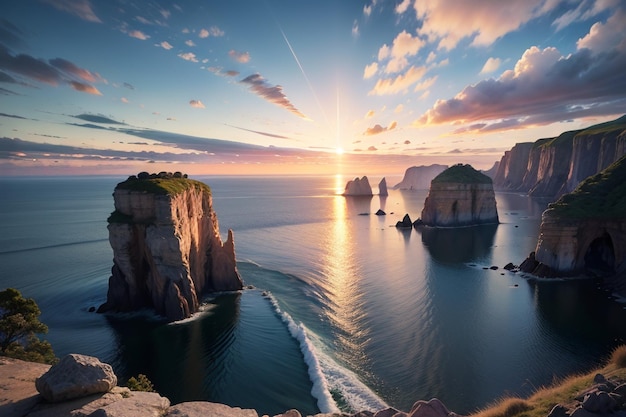 Een zonsondergang boven de oceaan met een rotsformatie op de voorgrond