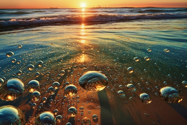 Een zonsondergang boven de oceaan met een waterdruppeltje op de voorgrond