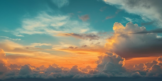 Een zonsondergang boven de wolken met een blauwe lucht en een wolk op de achtergrond.