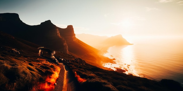 Een zonsondergang boven een berg met een berg op de achtergrond