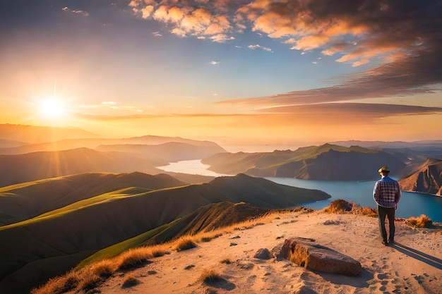 Een zonsondergang boven een berg met een meer en bergen op de achtergrond